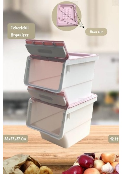 2 Li Tekerlekli Patateslik Soğanlık Erzak Kutusu Organizer Sebzelik Beyaz-pembe 24 Lt Pembe-beyaz