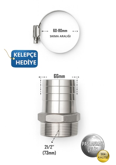 Paslanmaz Hortum Rekoru - 21/2inç Rekor + Kelepçe Set - Krom Çelik Hortum Ucu - 304 Kalite 21/2"