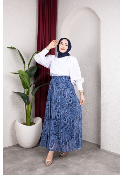 Hira Life Fashion Asimetrik Kesim Etnik Desen Astarlı Tül Tesettür Etek Mavi Mavi