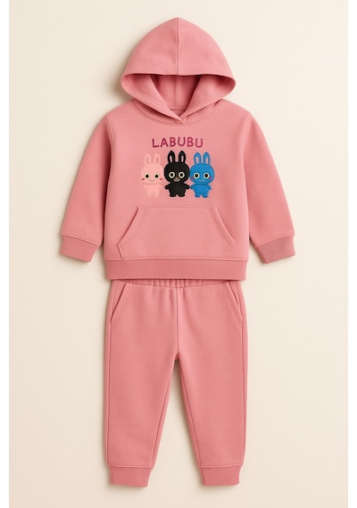 Esila Kids Kız Çocuk Eşofman Takımı Labubu Takım Kapüşonlu Baskılı Sweatshirt Ve Pantolon Gül Kurusu