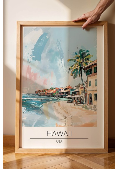 Abd Hawaii Temalı Çerçeveli Tablo Travel Serisi Modern İllüstrasyon Tropikal Duvar Dekoru Kayın