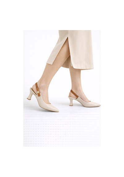 Dadwolf Kadın Slingback Topuklu Ayakkabı Sivri Burun 5,5 Cm Orta Topuk Bantlı Zarif Günlük Ofis Stiletto Bej