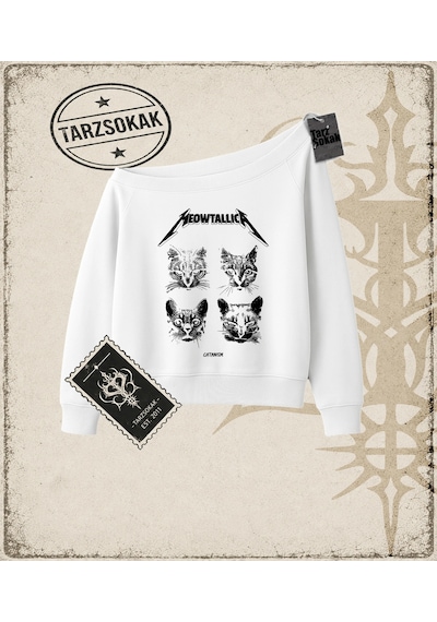 Tarzsokak Gotik & Grunge Streetwear Meowtallıca Kayık Yaka Sweatshirt Beyaz