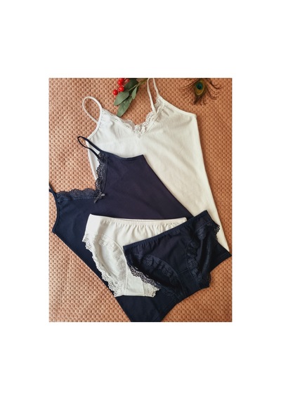 Demirsa Boutique Pamuklu, İp Askılı Dantel Detaylı 2'li Atlet Külot Takım Lacivert Ve Beyaz Renk Lacivert Demirsa Boutique Pamuklu, İp Askılı Dantel Detaylı 2'li Atlet Külot Takım Lacivert Ve Beyaz Renk Lacivert