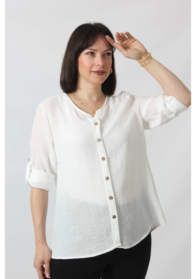 Moda Berray Bb-0269 Keten Kolu Apoletli Sıfır Yaka Büyük Beden Beyaz Gömlek Beyaz