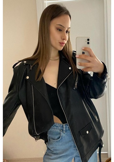 Prifaldi Oversize Uzun Kadın Deri Ceket Siyah