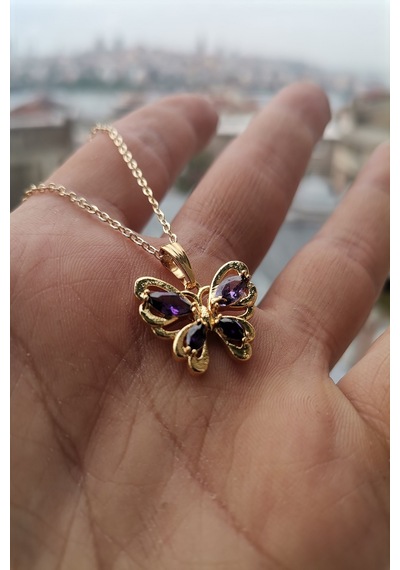 Ervanur Altın Kaplama Mor Zirkon Taşlı Kelebek Kolye Altın