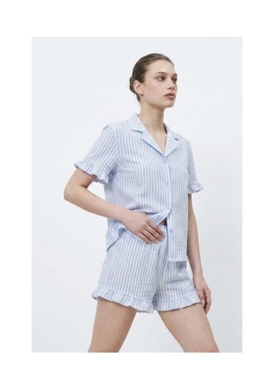 Fit Women Kadın Premium Fırfırlı Mavi Pijama Takımı