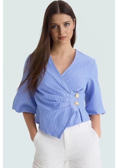 Ersefa Yazlık Kısa Kol Çizgili Terrycotton Bluz V Yaka Casual Modern Sti Mavi