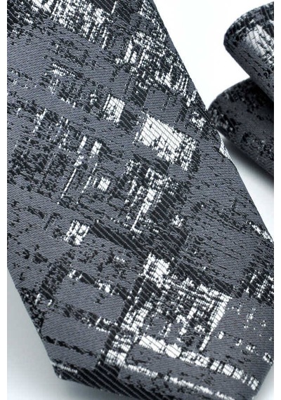 Gaffy Siyah Beyaz Motif Desenli Gri Dokuma Kumaş Mendilli Slim Fit Krav Siyah