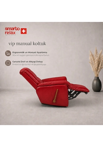 Smarto Relax Vıp Manuel Tv Koltuğu Gerçek Italyan Deri, Ceviz Ahşap Sırt Detaylı Baba Koltuğu Kırmızı