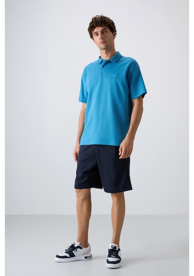 Tommy Life Petrol Mavi Pamuklu Kalın Yumuşak Dokulu Oversize Fit Basic Polo Yaka Erkek T-shirt - 88327 Petrol Mavi