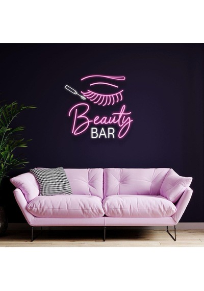 Beauty Bar Yazılı Kirpik Figürlü Neon Tabela Pembe