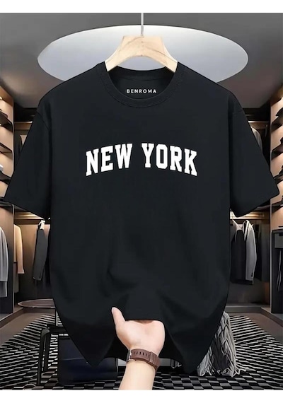 New York Beyaz Baskılı Oversize Tişört SIYAH