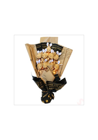 9 Kahve Pelüş Tavşanlı Led Işıklı Buket, 65cm x 45cm