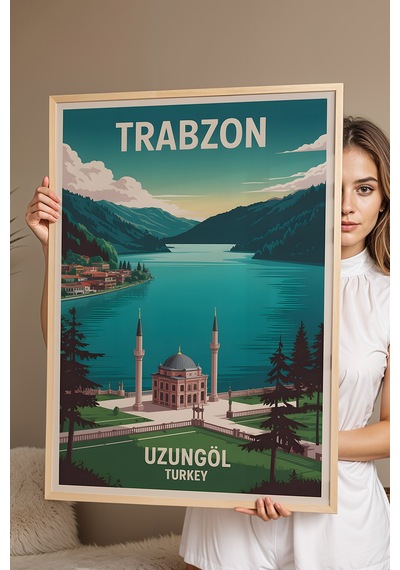 Trabzon Uzungöl Tablo - Retro Travel Poster - Karadeniz Şehir Serisi Duvar Dekoru - Çerçeveli Poster Kayın