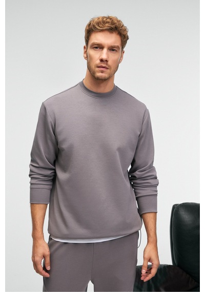 Grimelange EDMUND Erkek Kolu Baskılı Eteği Lastik ve Stoperli Bisiklet Yaka Koyu Gri Sweatshirt