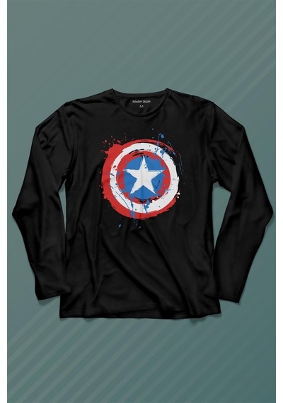 Captain America Kaptan Amerika Kalkan Logo Uzun Kollu Tişört Baskılı T-shirt 001