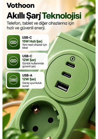 Vothoon 4 Lü Akıllı Priz Tek Dokunuşla Fiş Çıkarma 2 Metre Kablo 2 Type-c + Usb 15w Hızlı Şarj 3680w 2 M