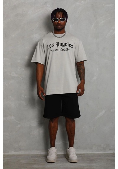 Erkek Baskılı Tişört Kısa Kol Bisiklet Yaka Oversize T-shirt - Gri
