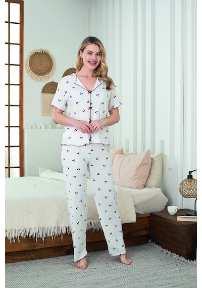 SUDE HOMEWEAR Kadın Örme Kumaş Cherry Pattern Kısa Kol Pijama Takımı Beyaz