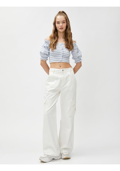 Koton Crop Bluz Omzu Açık Fırfırlı Balon Kollu Gipeli Mavi Ekose 3sal60156ıw Mavi Ekoseli Mavi