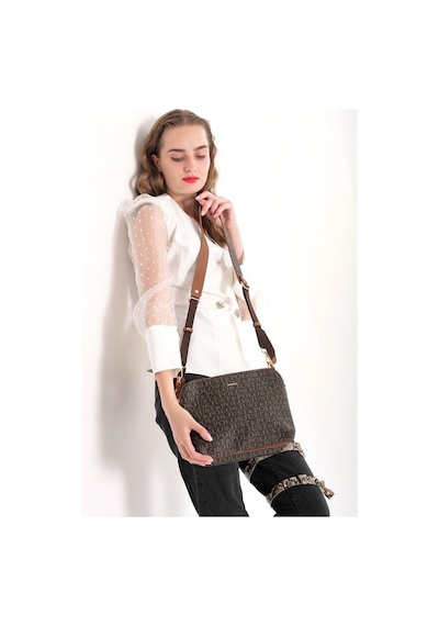 Kadın Monogram Baskılı Just & Polo 5 Bölmeli Omuz Çantası Kahverengi 07492348