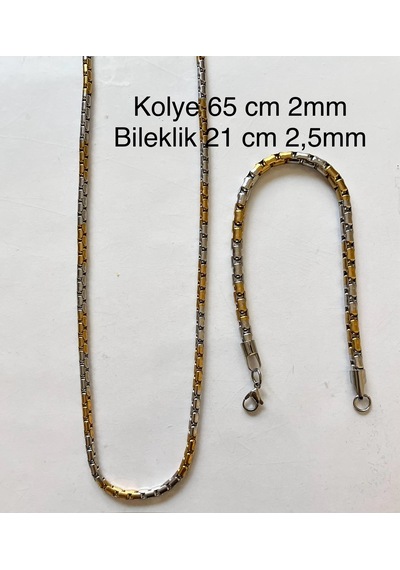 Gold&gümüş Mixli 1.sınıf Örme Çelik Unisex Kolye Ve Bileklik Set