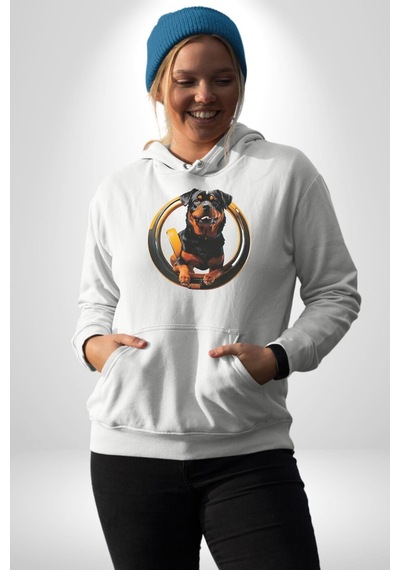 Süper Tasma Rottweiler Eğitim Kadın Erkek Beyaz Kapüşonlu Sweatshirt Hoodie Beyaz