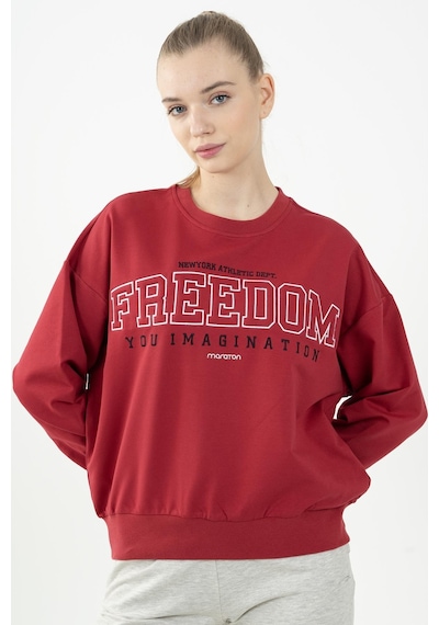 Maraton Sportswear Oversize Kadın Bisiklet Yaka Uzun Kol Basic Kırmızı Sweatshirt 22169-kırmızı Kırmızı