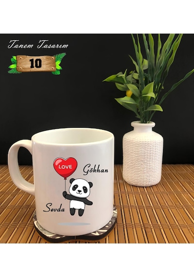 Beyaz Porselen Kupa - Sevgililer Günü Panda İsim Yazılabilir Beyaz