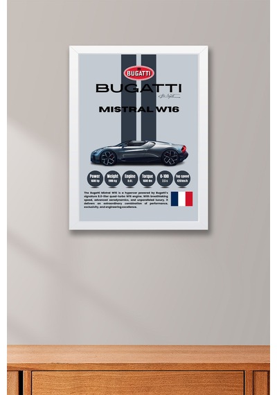 Bugatti Mistral W16 Araba Tablosu - Teknik Özellikli Otomobil Poster - Çerçeveli Duvar Dekoru Beyaz
