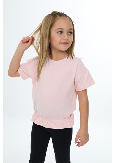 Toontoy Kids Toontoy Kız Çocuk Bisiklet Yaka Kısa Kollu Lastikli Tişört Pudra