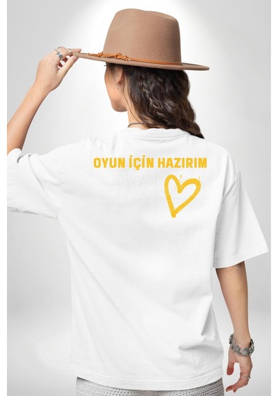 Oyun İçin Hazırım Kalp Beyaz Oversize Unisex Ön Ve Sırt Baskılı Tişört Beyaz