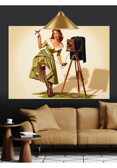 Vintage Fotoğrafçı Kadın Kamera Dekoratif Kanvas - Mdf Ahşap Tablo