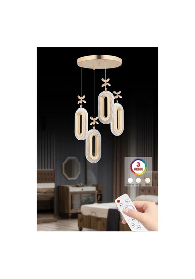 Led 4'lü Gold Kumandalı 3 Renk Ledli Modern Led Avize Altın