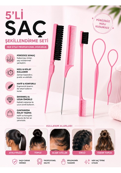 Saç Şekillendirme Topuz Tarağı Krepe Fırçası İnce Uçlu Ayırma Tarağı Ve Loop Topuz Aparatı Sleek Bun 5'li Set 001