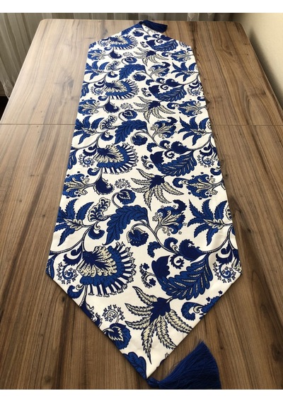 Mavi Batik Çiçek Desenli Runner Çok Renkli