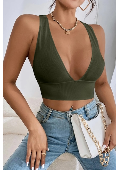 Terapi Men Kadın Haki Çapraz Sırt Detaylı Crop Top Bluz Haki
