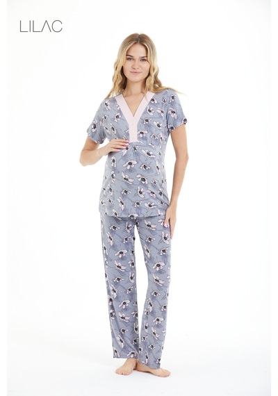 Lılac Kadın %95 Viskon Çiçek Desenli Hamile & Lohusa Düğmeli Pijama Takımı Antrasit Gri