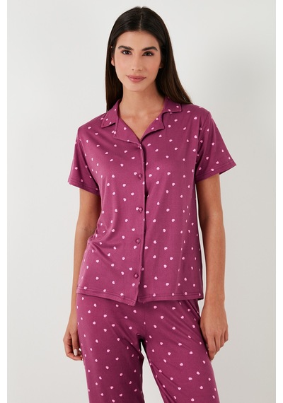 Lela Desenli Regular Fit Gömlek Yaka Bayan Pijama Takımı 65750101 Mürdüm