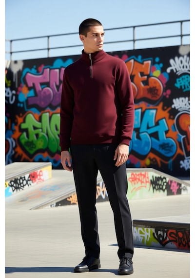 Benerly Erkek Dik Yaka Fermuarlı Standart Kol Regular Kalıp Sweatshirt Fo Bordo