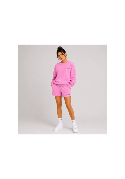 Herkesemoda Hüppy Baskılı Kadın Oversize Şortlu Sweatshirt Eşofman Takımı Pembe