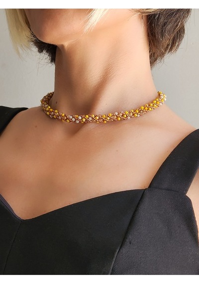 Etnik Bohem Sarmal Dönmeli Model Kristal Sarı Kristal Boncuk Kolye Sarı