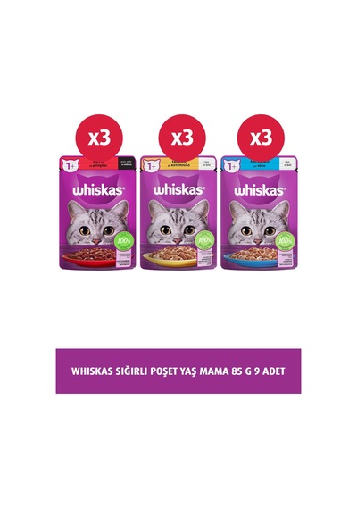 Whiskas Pouch Sığırlı + Tavuklu + Ton Balıklı Yetişkin Kedi Maması 9 x 85 G