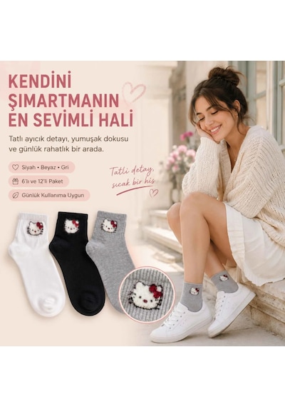 DS Wak Kadın Sevimli Kedi Desenli Kısa Konç Çorap 12 Çift, %80 Pamuklu Dikişsiz Burun, Siyah Beyaz Gri, Çok Renkli 12'li