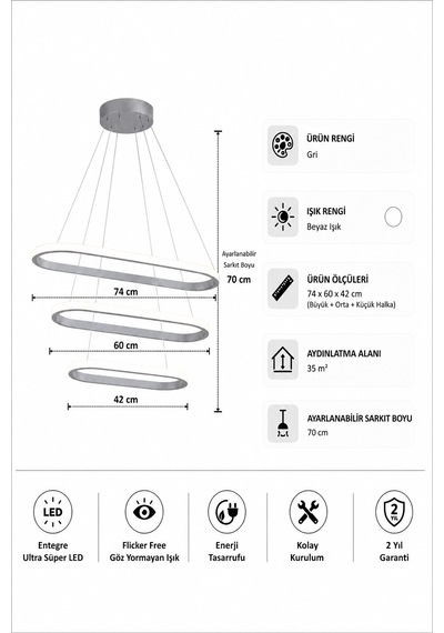 AvizeGO Elipso 3'lü Led Sarkıt Avize Beyaz Işık Gri