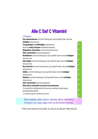 Aile C, 1000 Mg Vitamin C, 120 Saşe, Katkısız