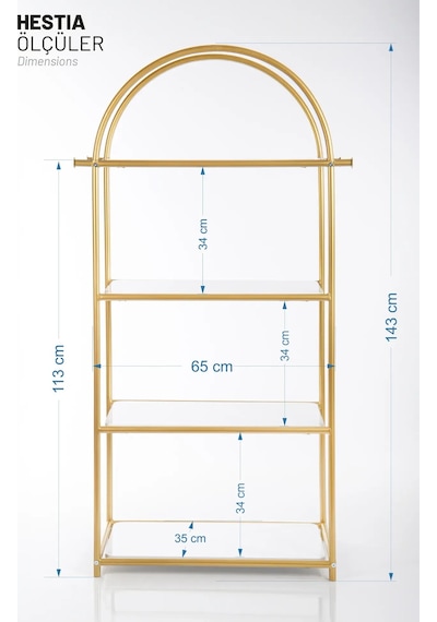 Hestia Gold Metal 4 Katlı Kitaplık Gold