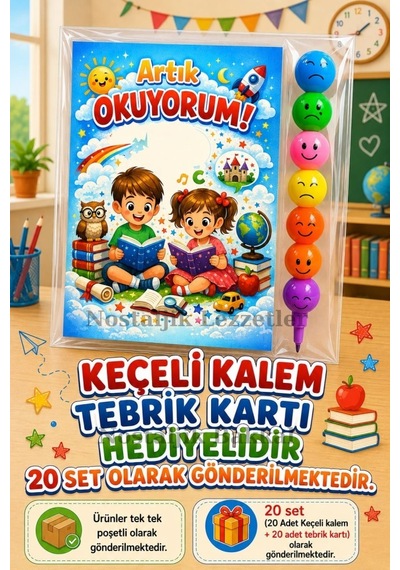 20 Set Yeni Okumayı Öğrenen Öğrencilere Hediye Artık Okuyorum Yazılı 1. Sınıf Hatırası Keçeli Kalem Tebrik Kartı Hediyeli